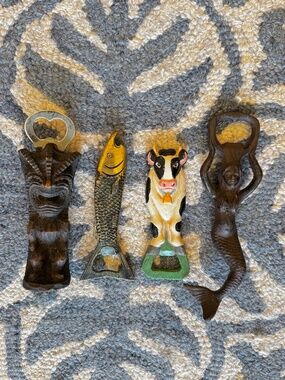 Vintage Brass Fish Gesch Germany Corkscrew + 3 Bottle Openers LOT